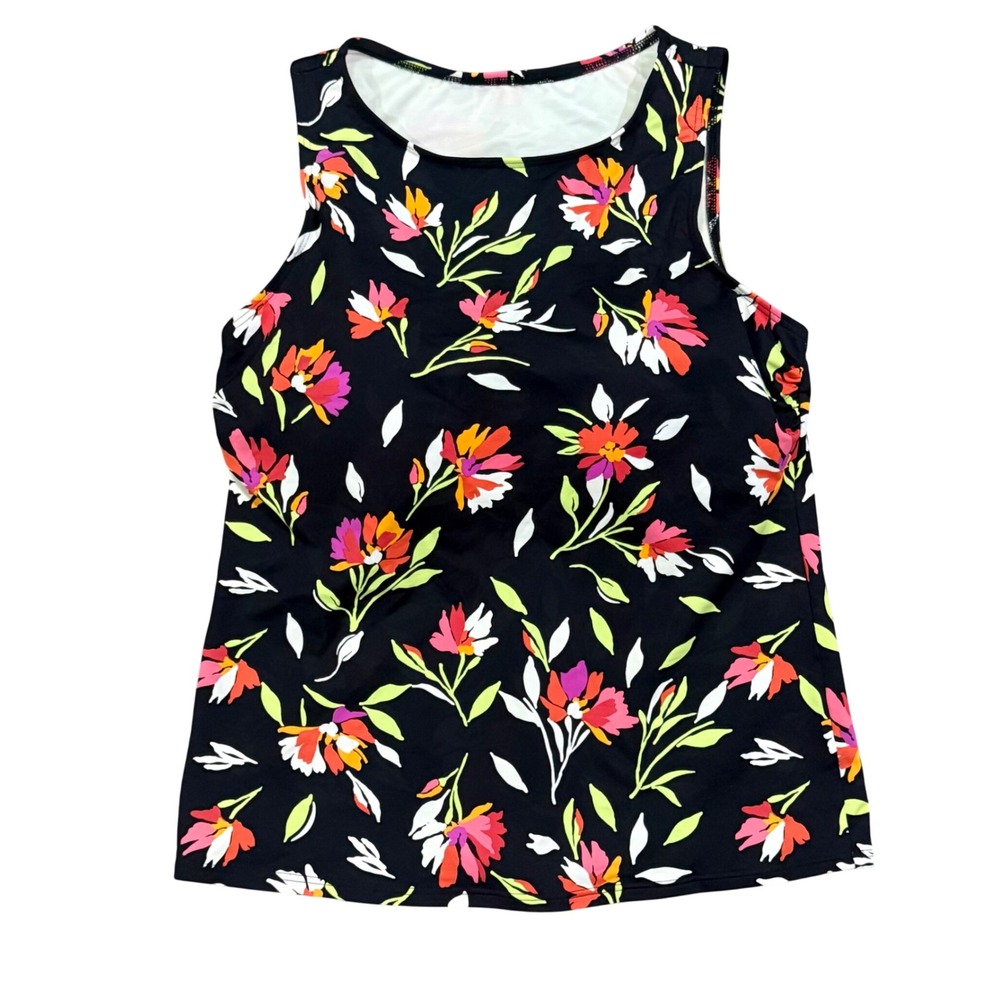 Lands End Womens Floral High Neck Tankini Top Black Pink Size 8 DDD Swimsuit